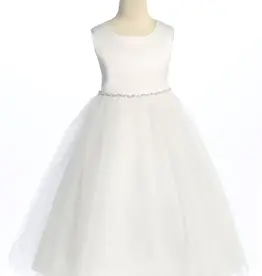 Girls' Satin/Tulle Dress w/ Pearl & Rhinestone Trim - WHT