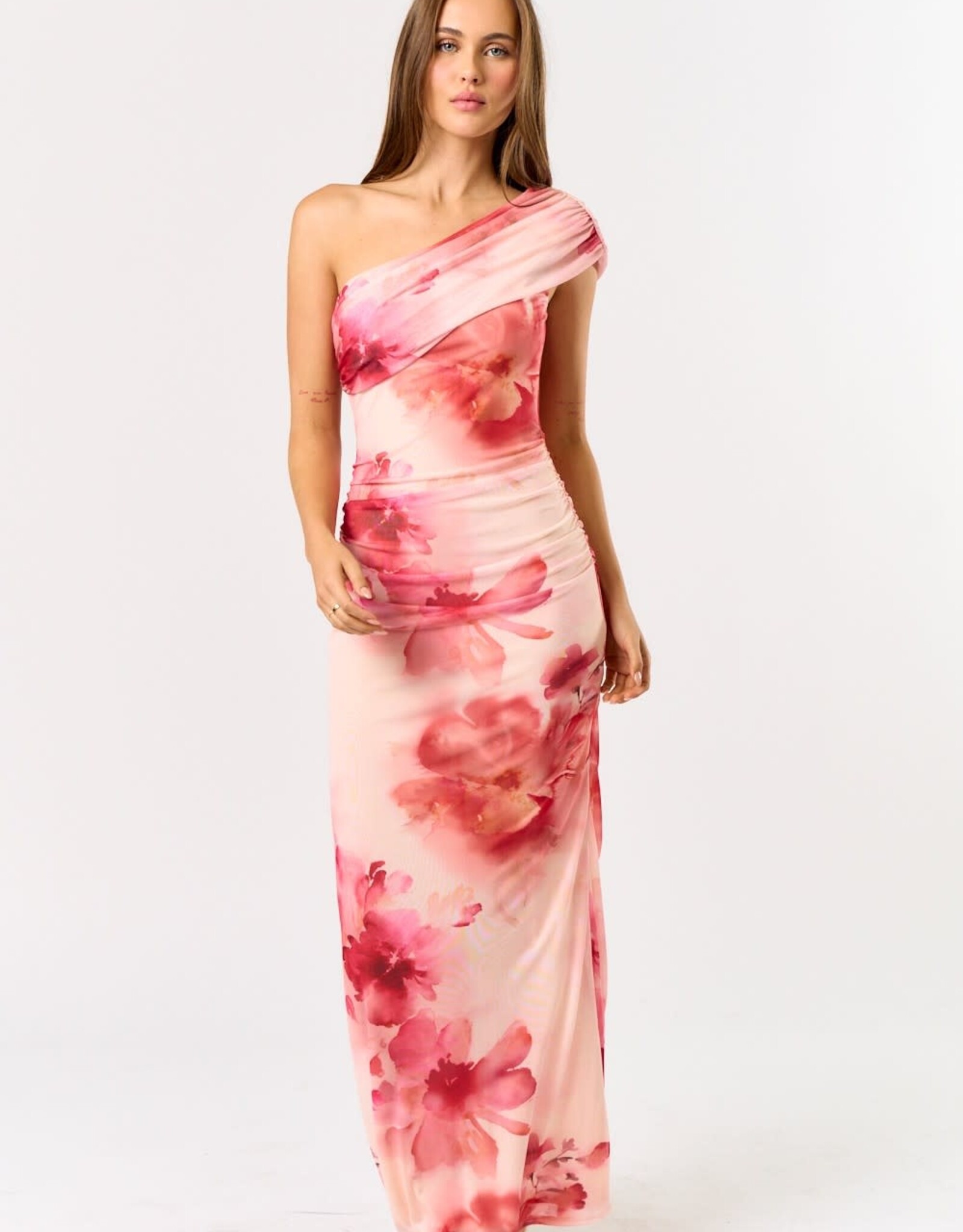 Blush Floral Mesh One Shoulder Mesh Maxi Dress