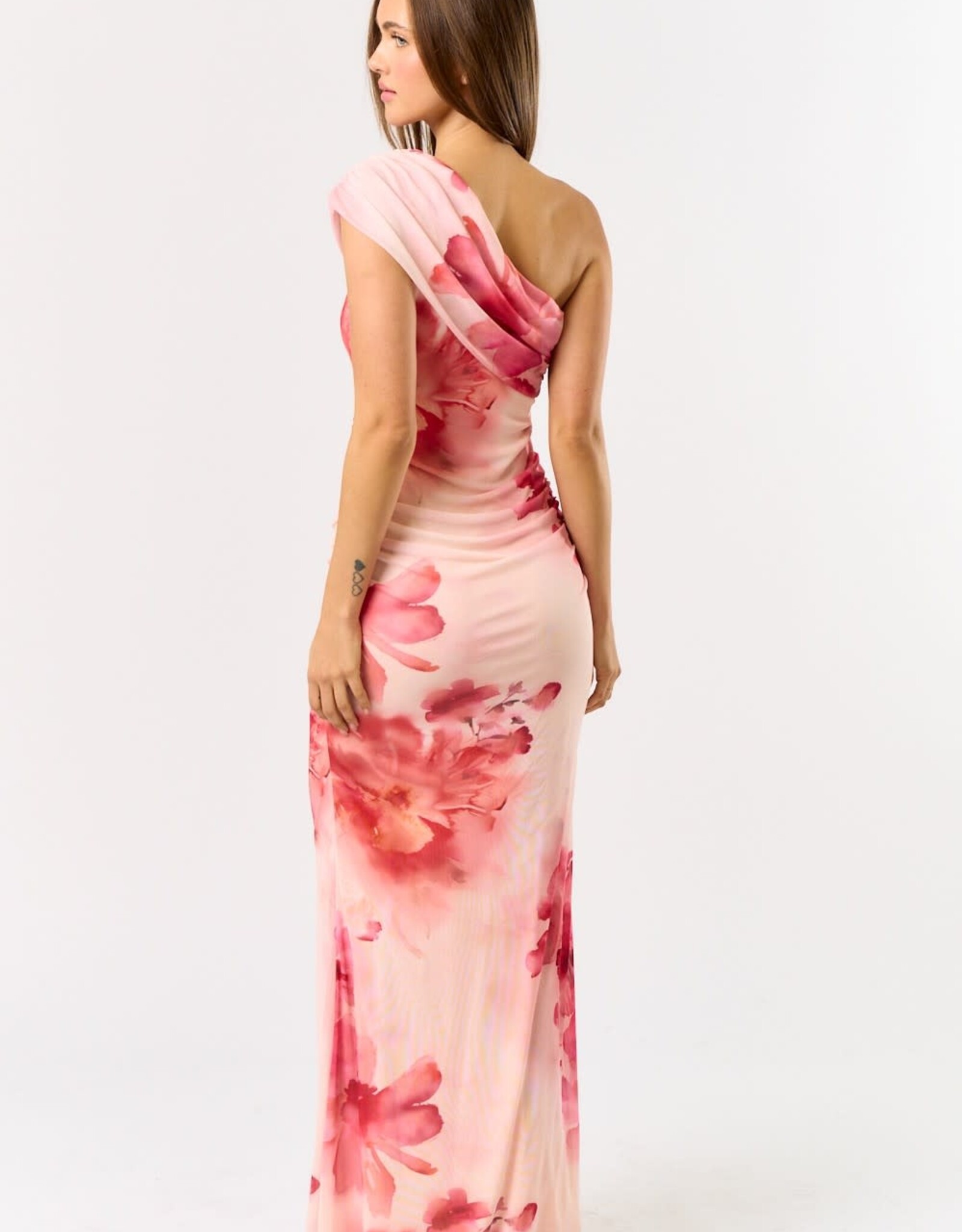 Blush Floral Mesh One Shoulder Mesh Maxi Dress