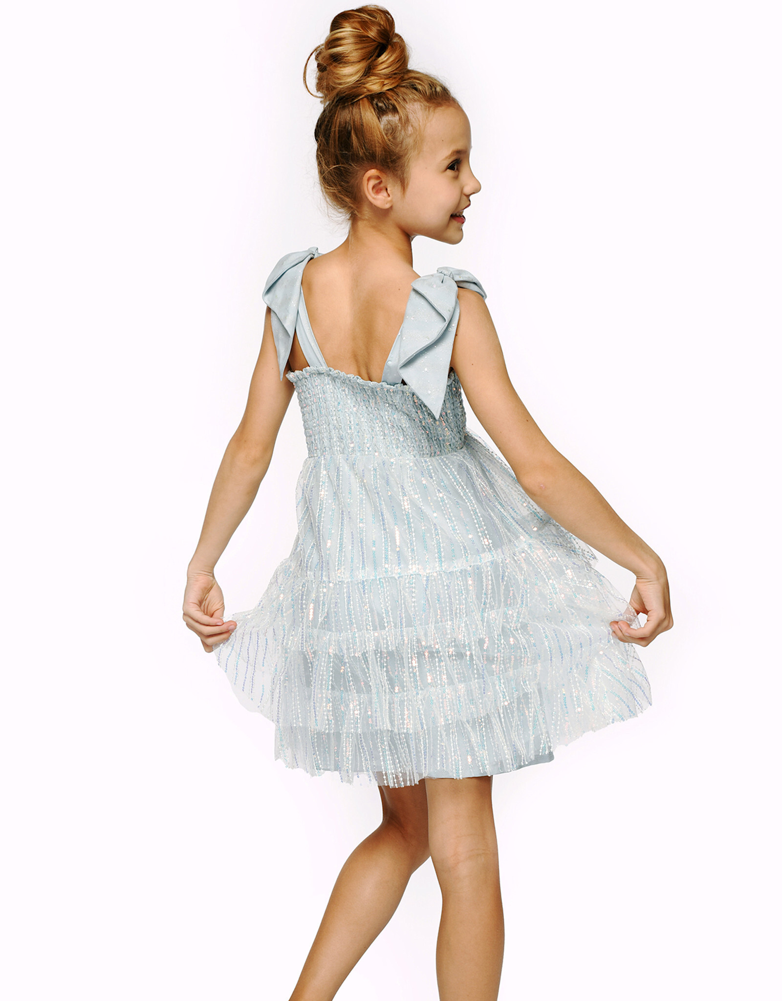 Girls Blue Sequin Tiered Baby Doll Dress w/Bow Straps