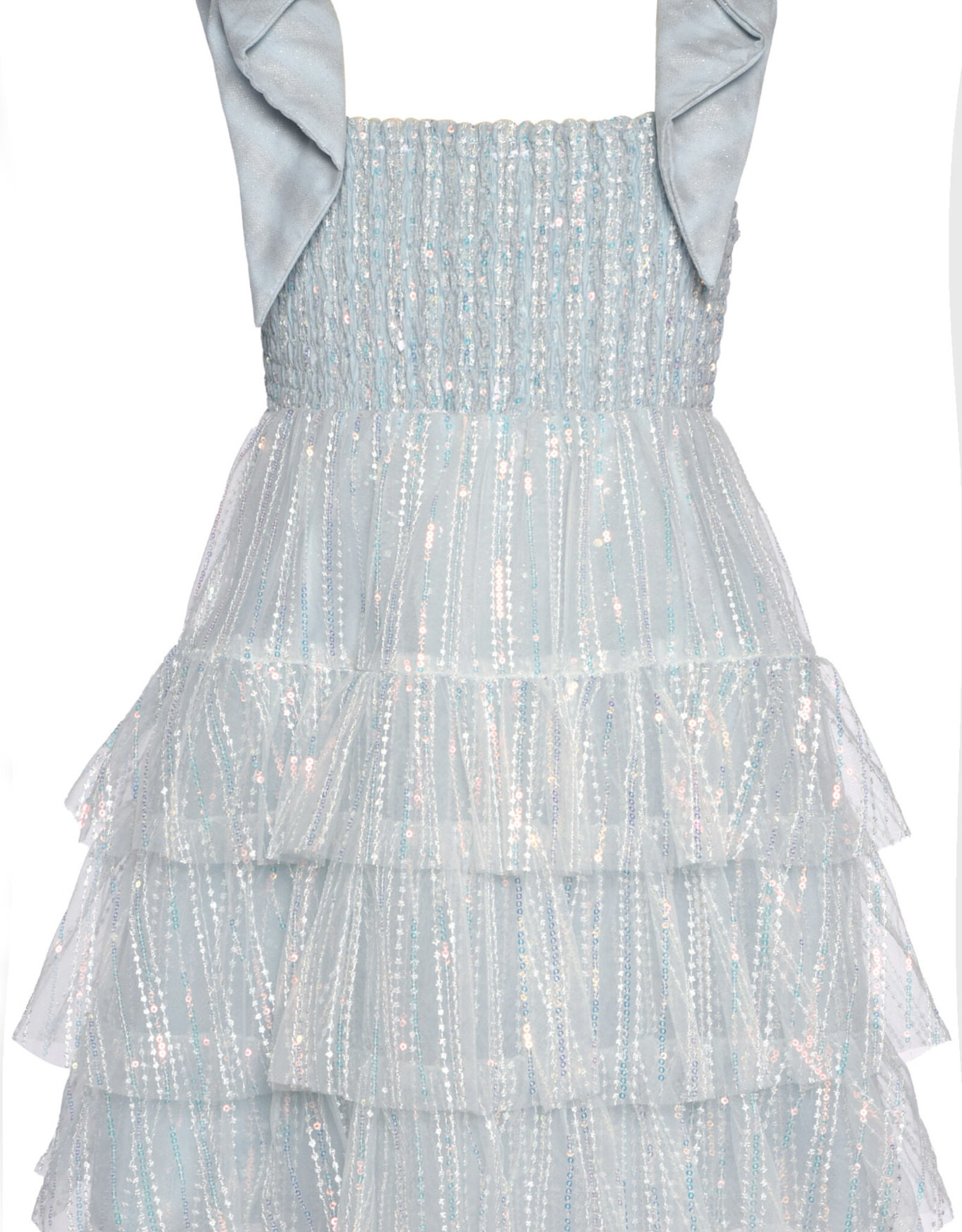 Girls Blue Sequin Tiered Baby Doll Dress w/Bow Straps