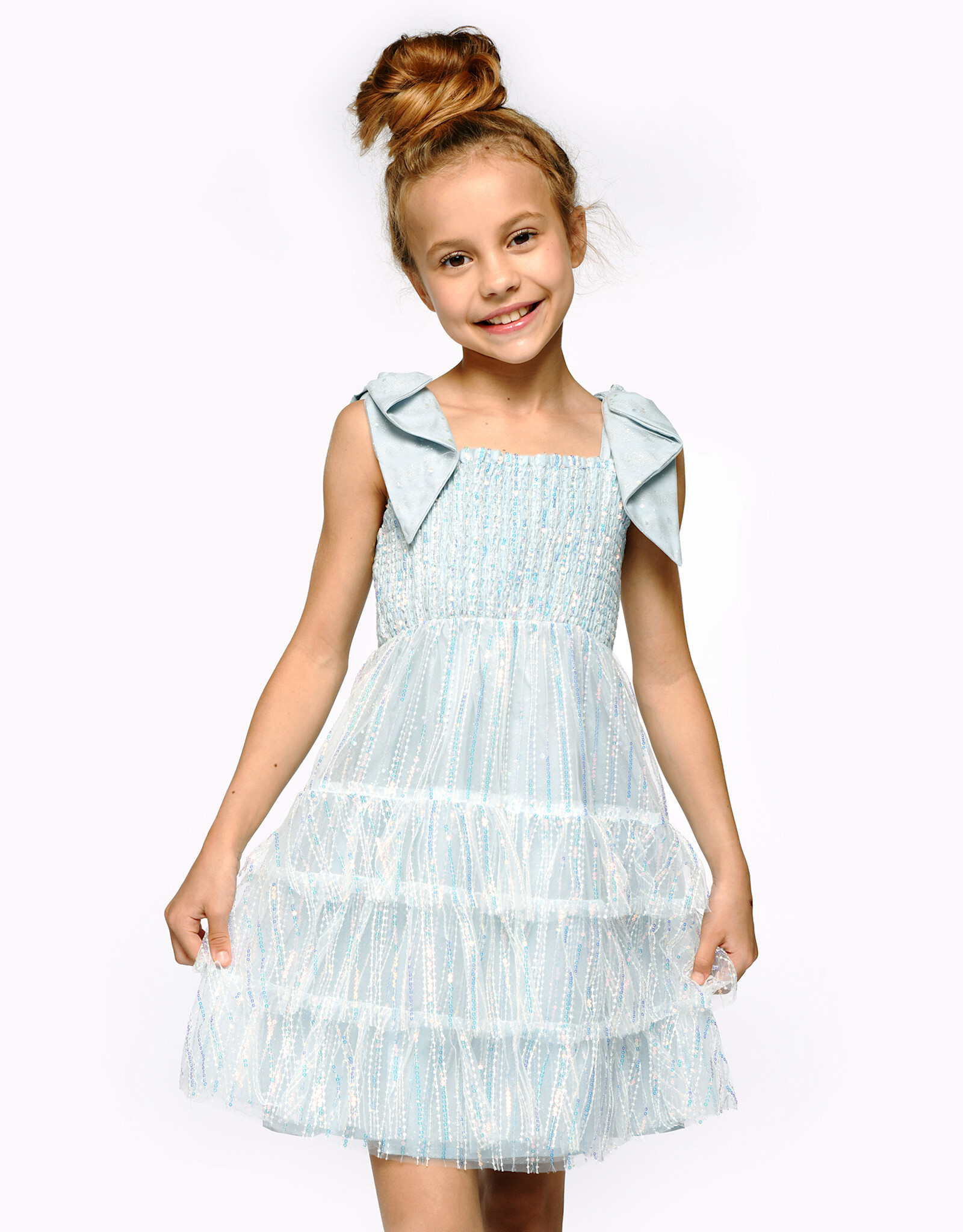 Girls Blue Sequin Tiered Baby Doll Dress w/Bow Straps