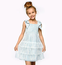 Girls Blue Sequin Tiered Baby Doll Dress w/Bow Straps