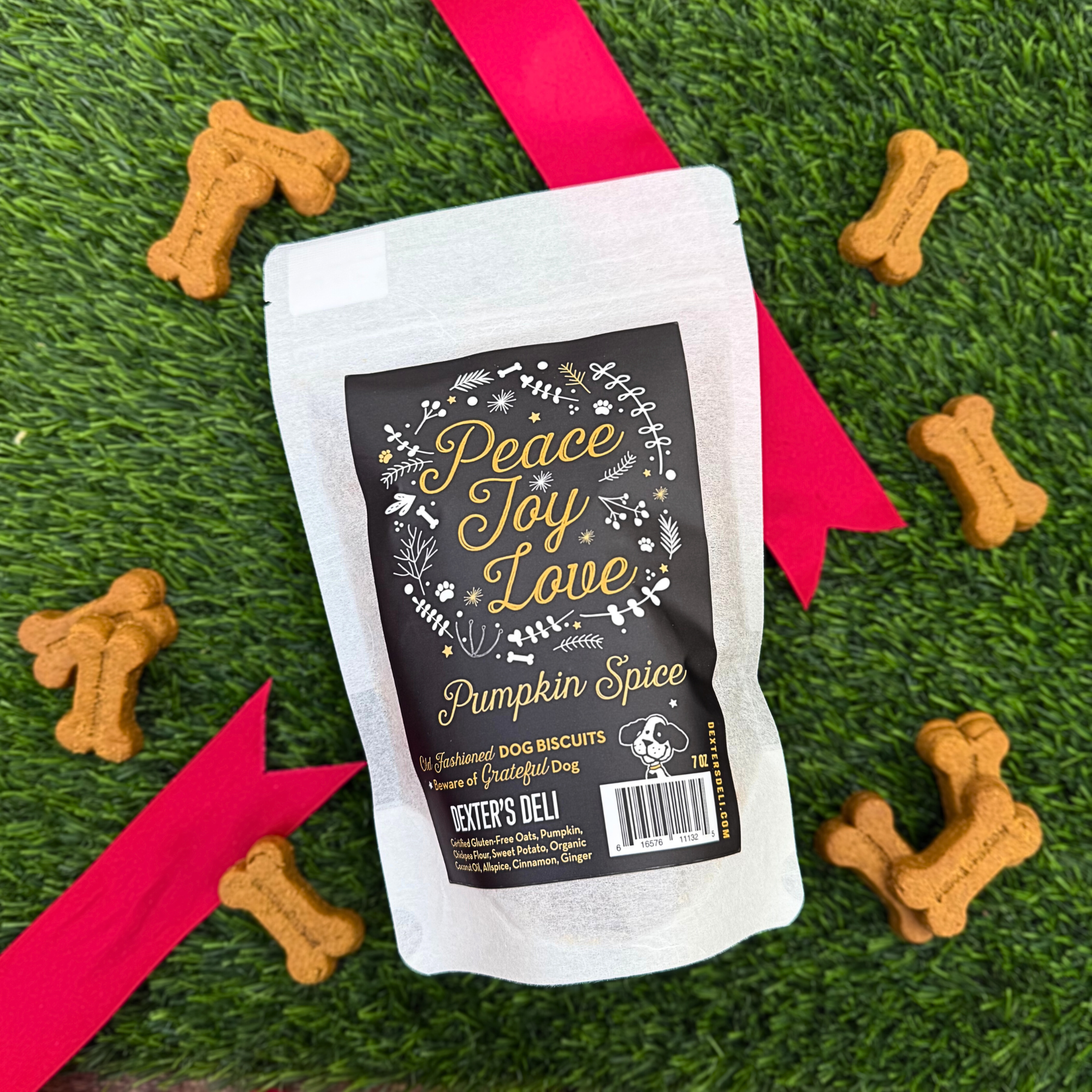 Dexter's Gifts Peace Joy Love Gift Bag with Pumpkin Spice Biscuits & Beef Jerky