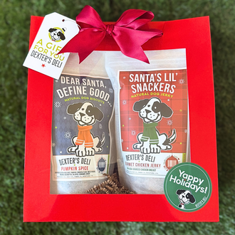 Dexter's Gifts Holiday Gift Bag with Pumpkin Spice Biscuits & Chicken Jerky