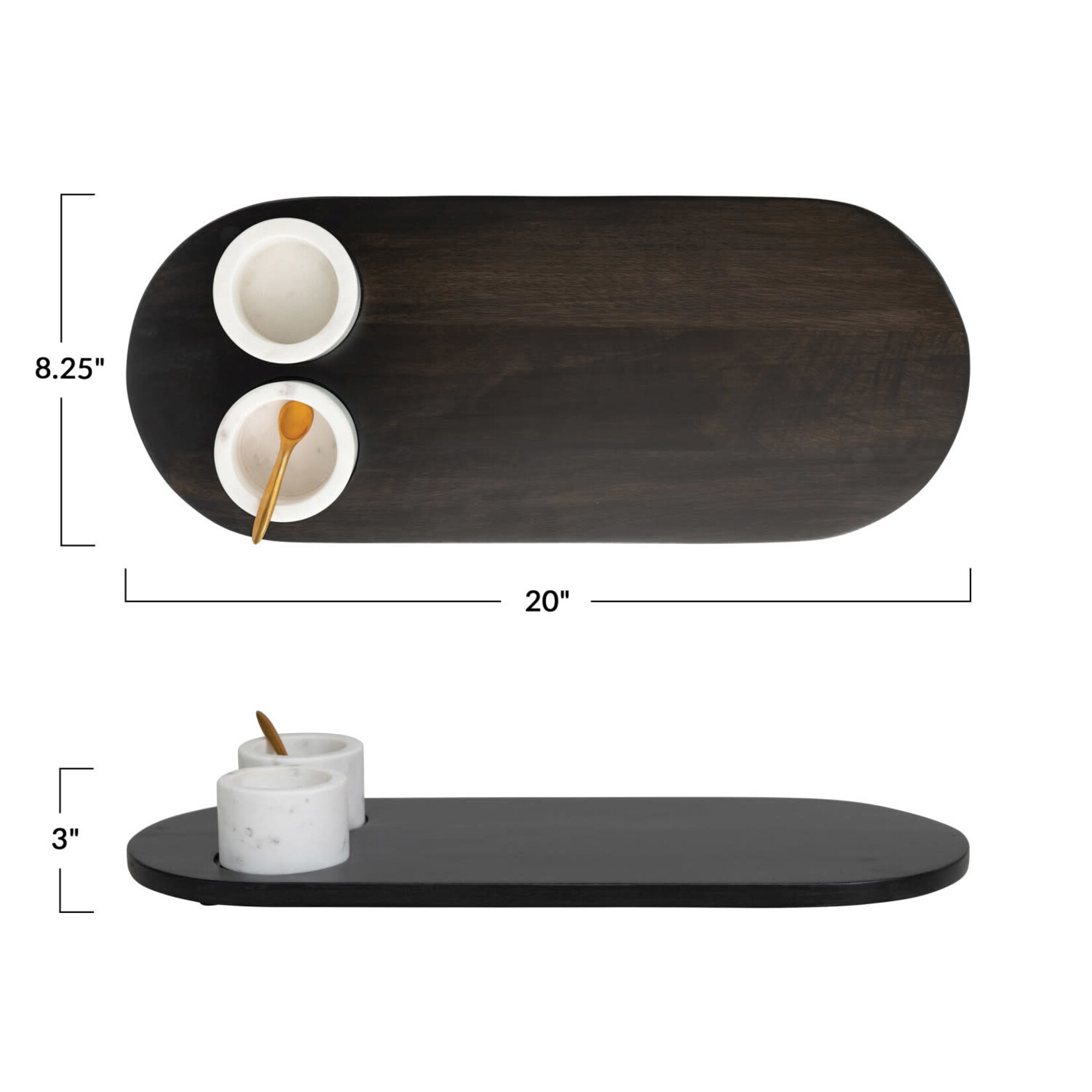 Long Wood Tray w Marble Bowls & Gold Spoon