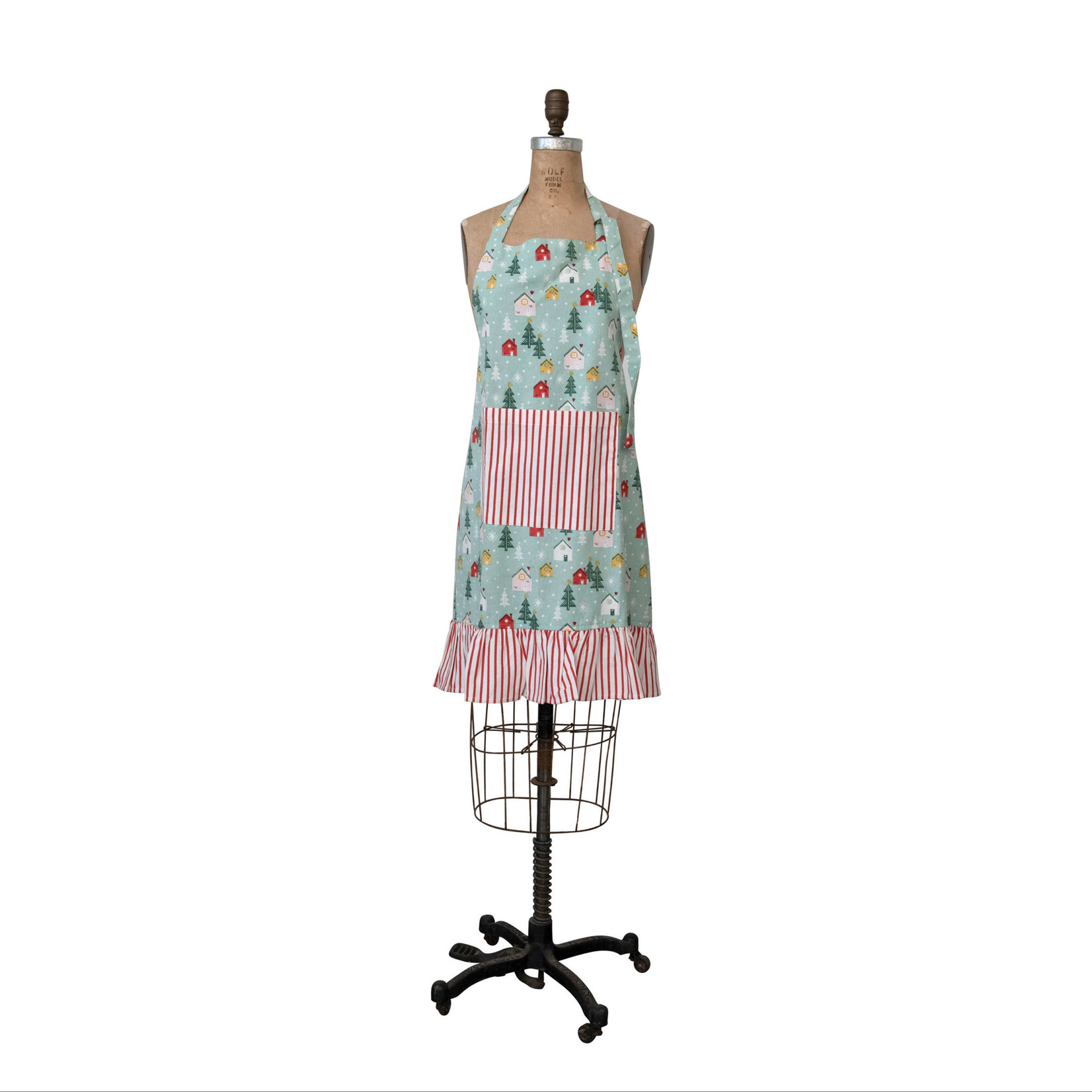 Cotton Apron with Ruffle, Trees and Houses Print