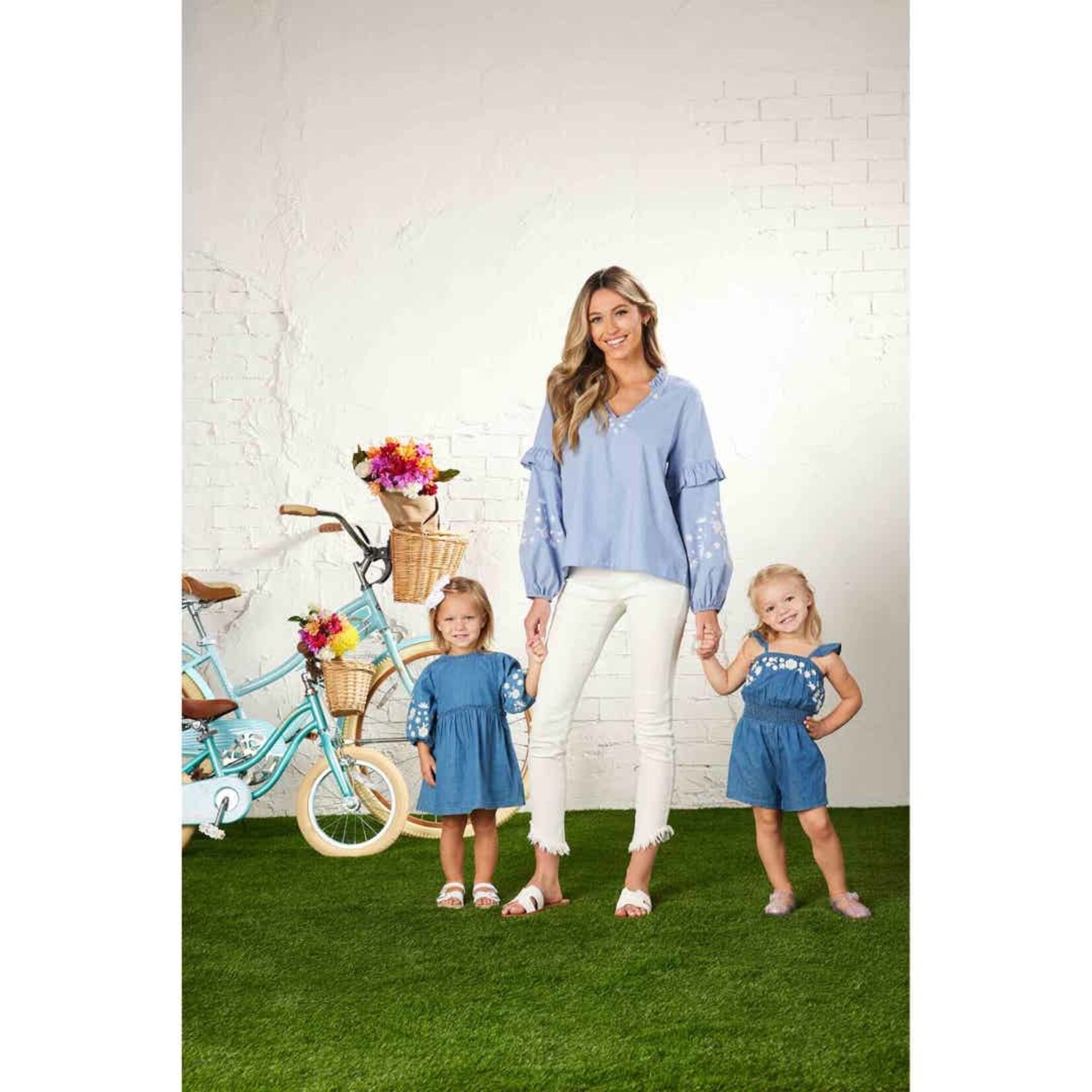 Mudpie Denim Embroidered Ruffle Romper