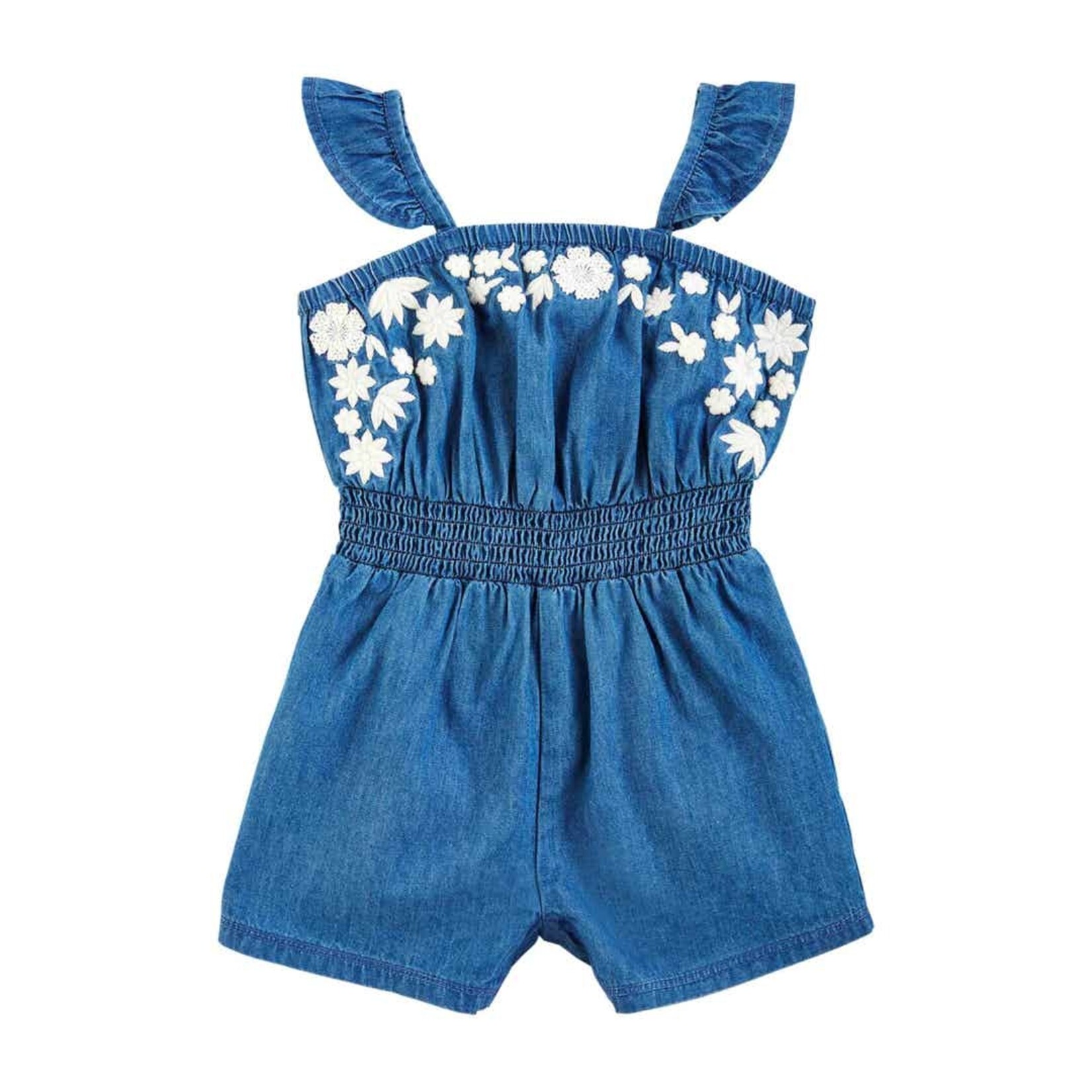 Mudpie Denim Embroidered Ruffle Romper