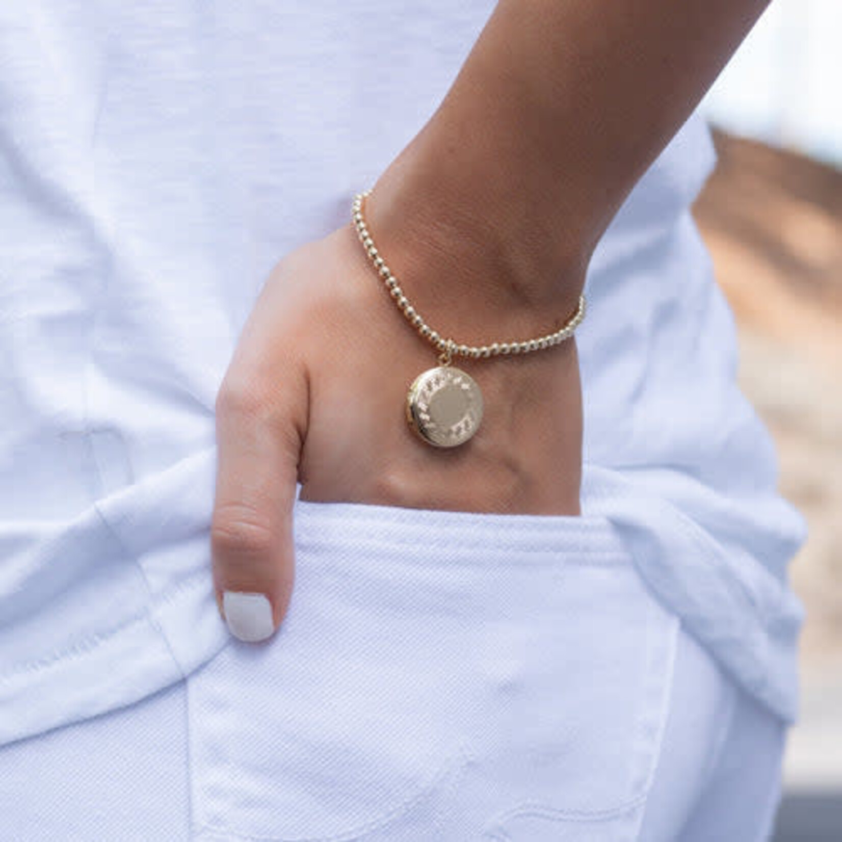 E Newton Classic Gold 3mm Bead Bracelet - locket