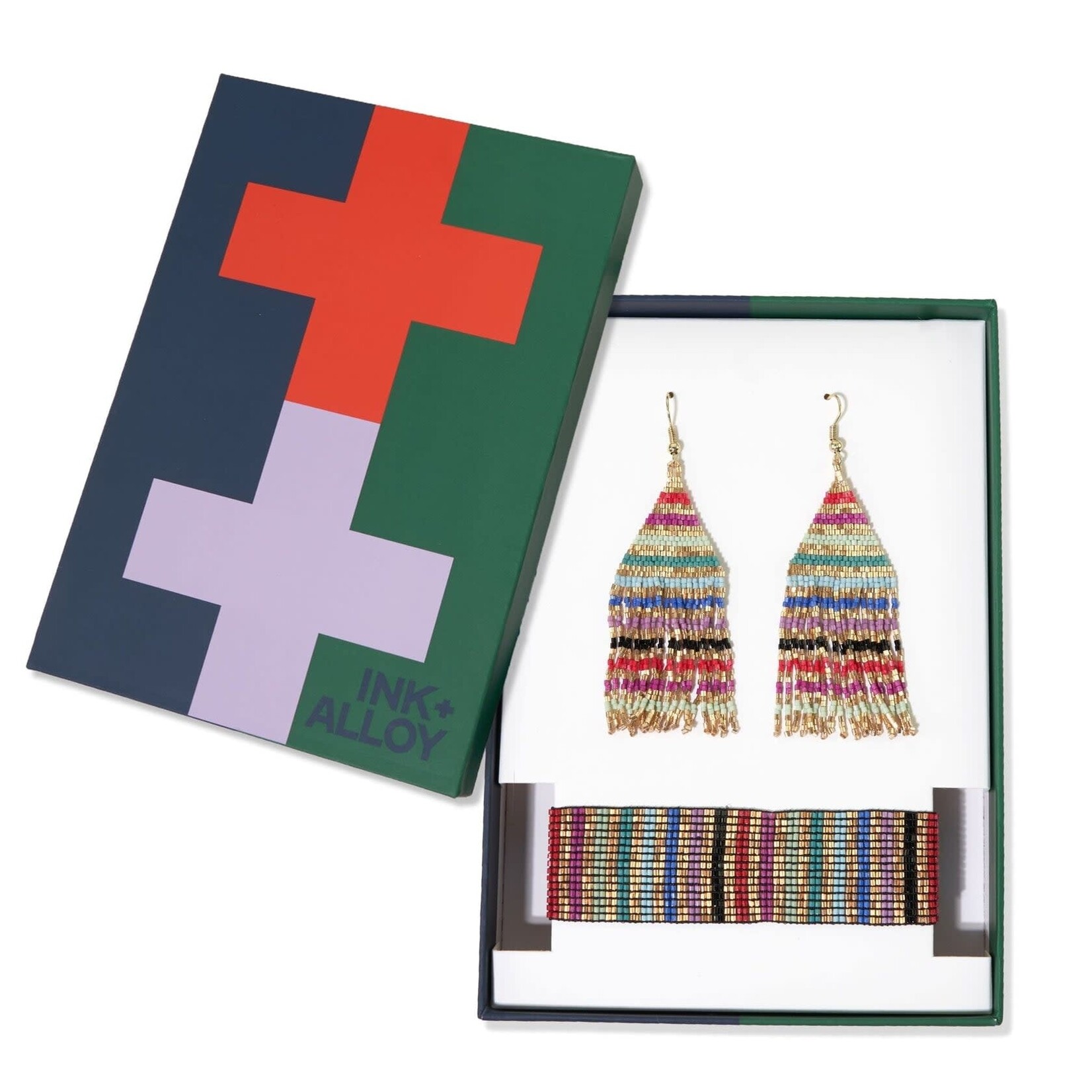 Ink + Alloy Striped Beaded Earrings + Bracelet Set