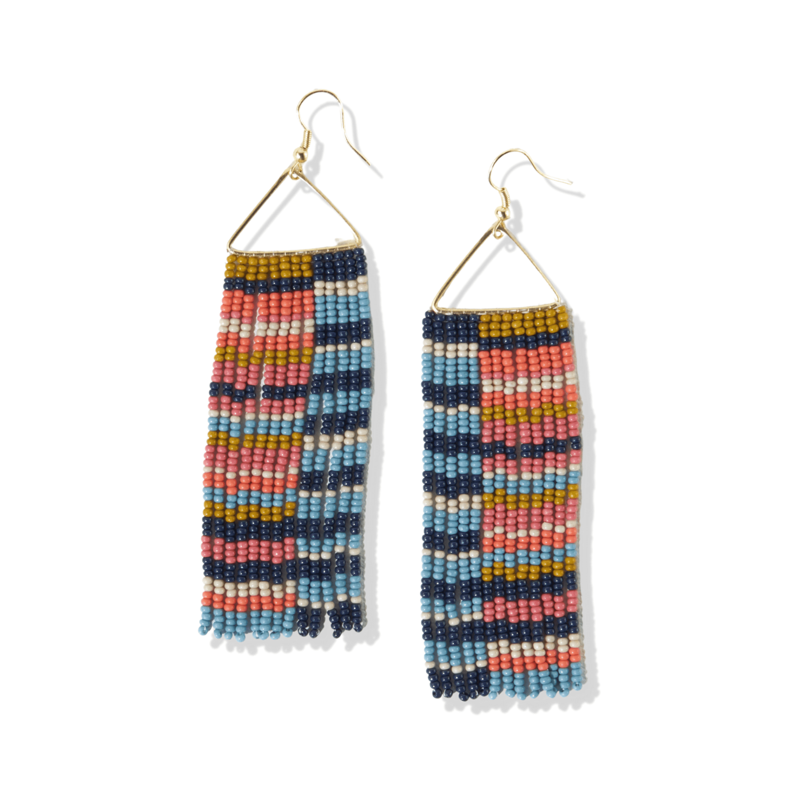 Ink + Alloy Navy Blue Citron Horizontal Stripe On Triangle Fringe Earrings