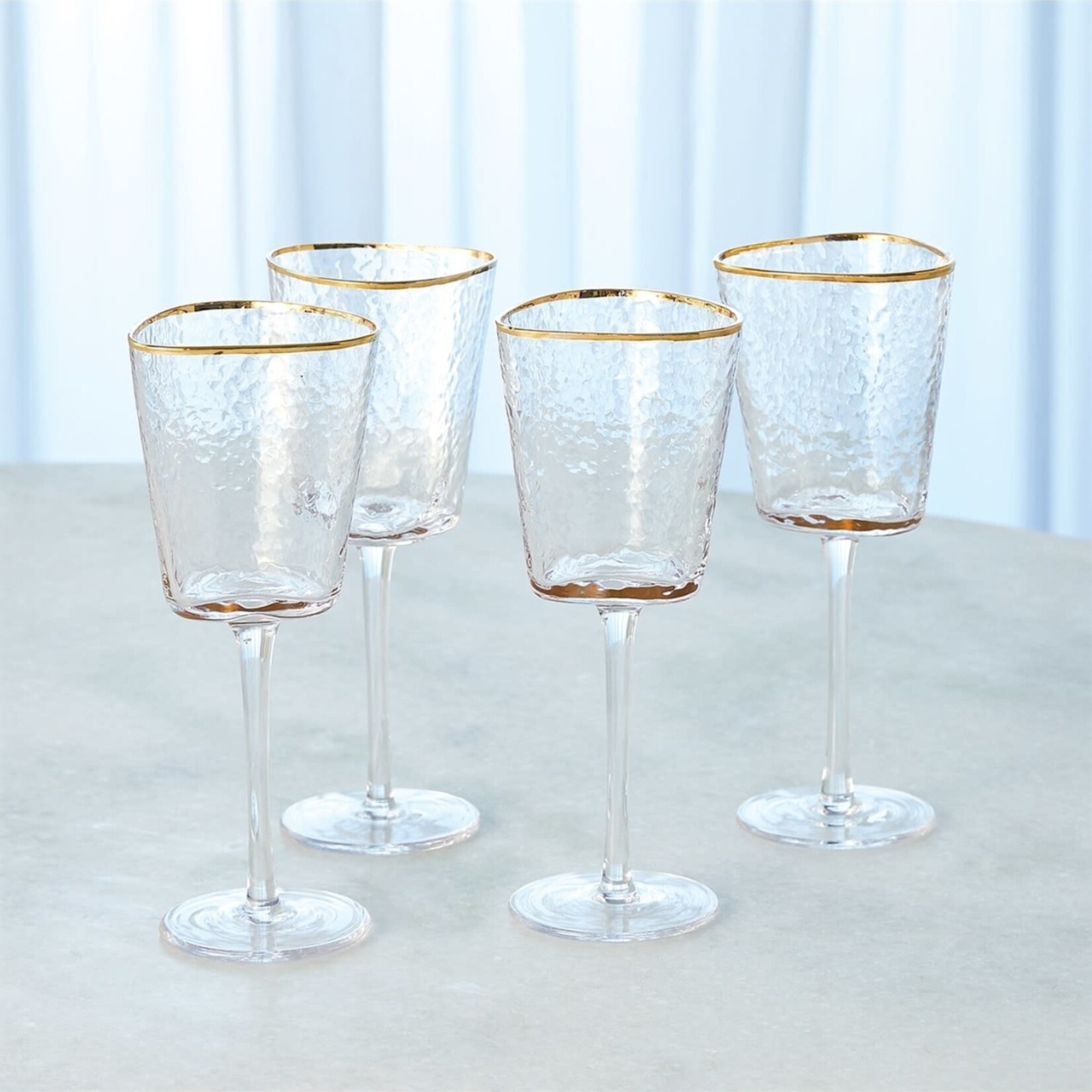 Hammered Triangular Wine Glass w Gold Rim