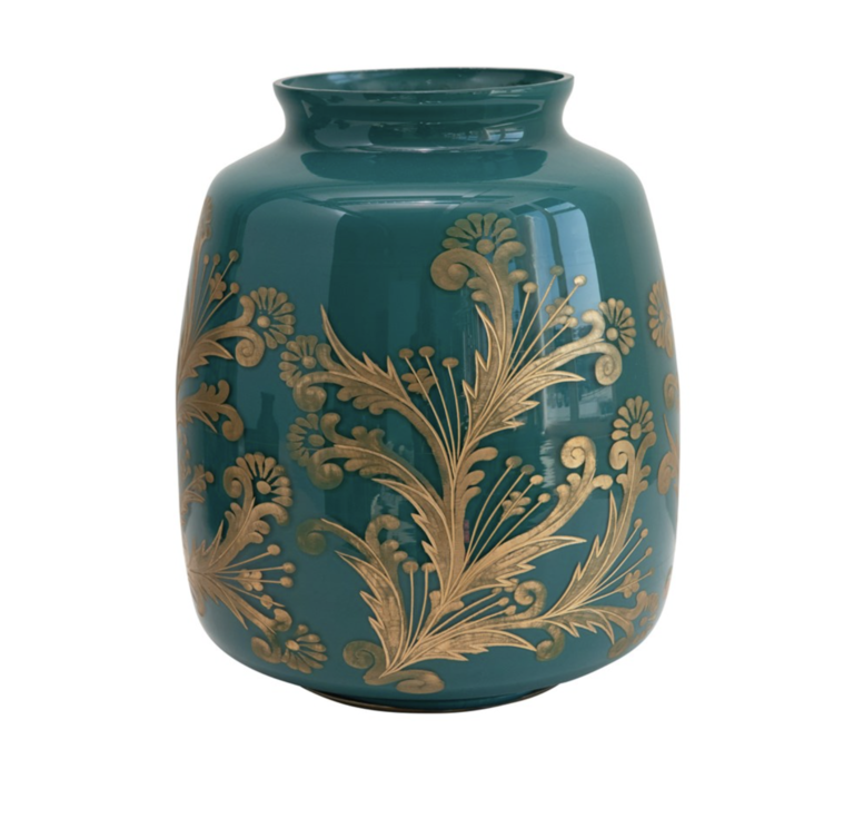 Etched  Pattern Vase/ Teal & Gold