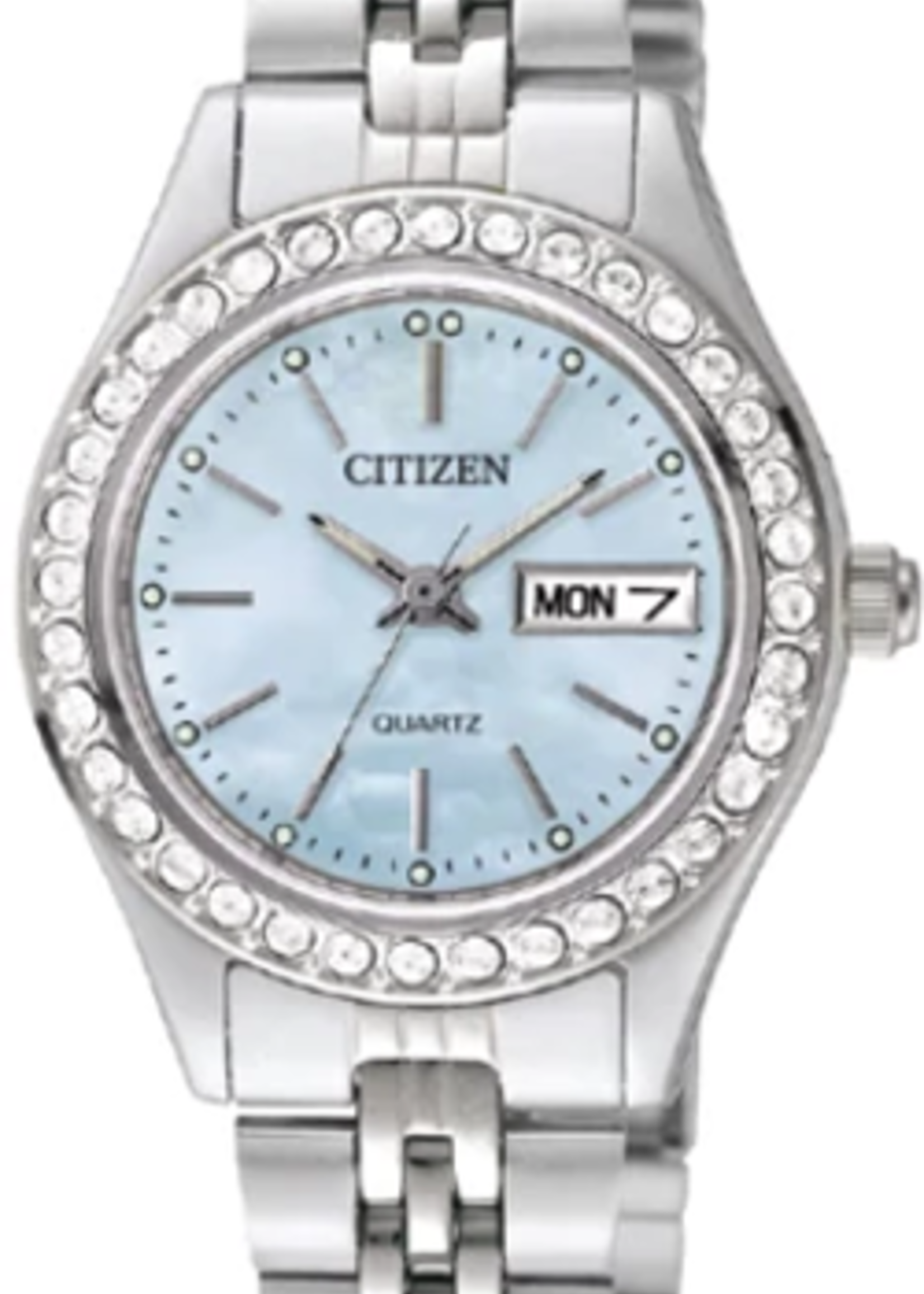 Citizen Ladies Silver Stainless Steel Band with Light Blue Face and Crystal Bezel