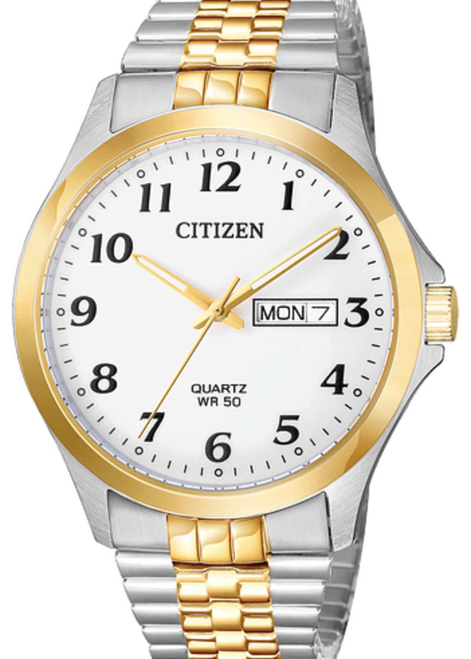 Citizen Mens Quartz Expansion Two Tone Band With White Face and Larger Numbers