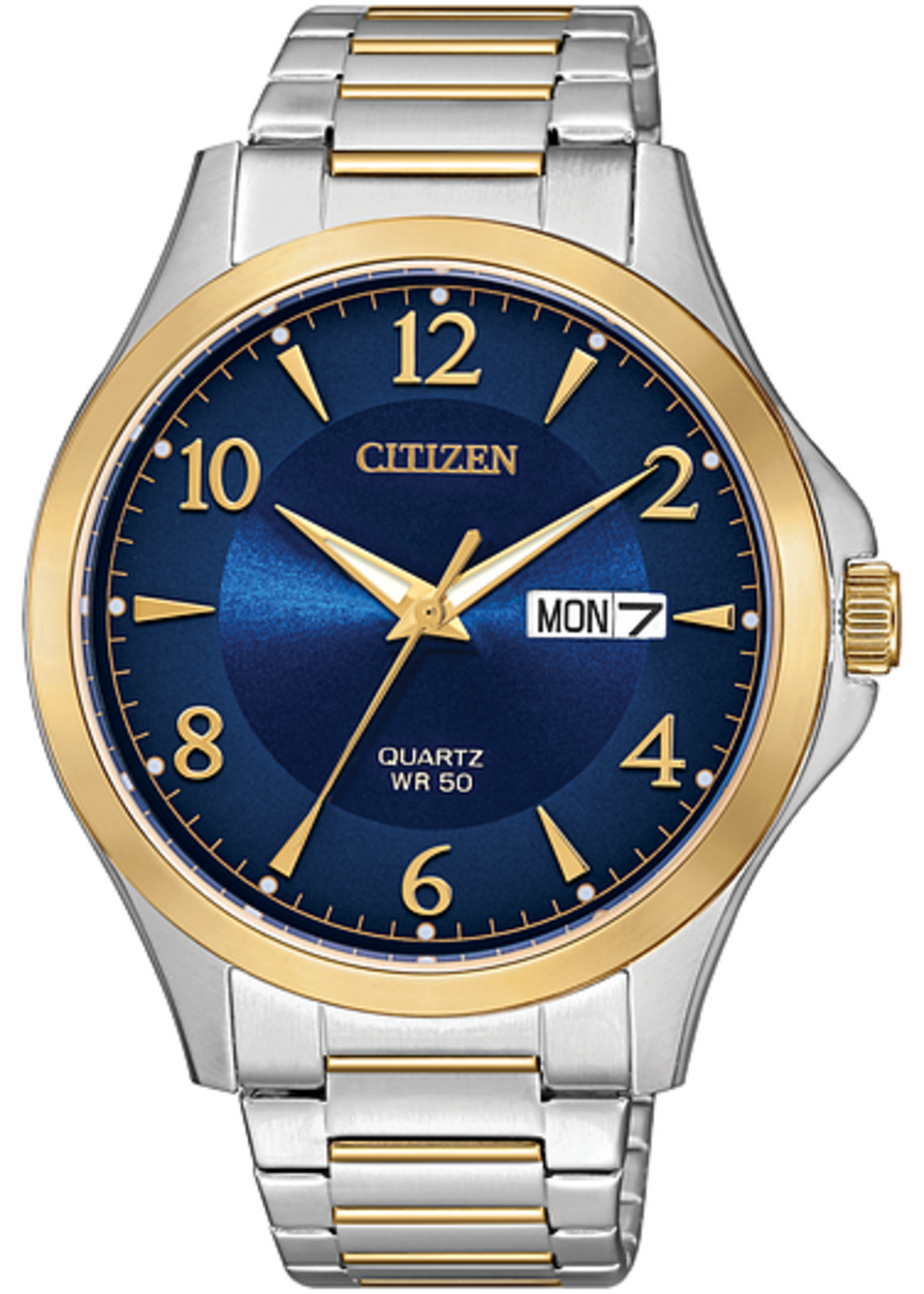 Citizen Mens Quartz Two Tone Band with Navy Blue Face and gold Details