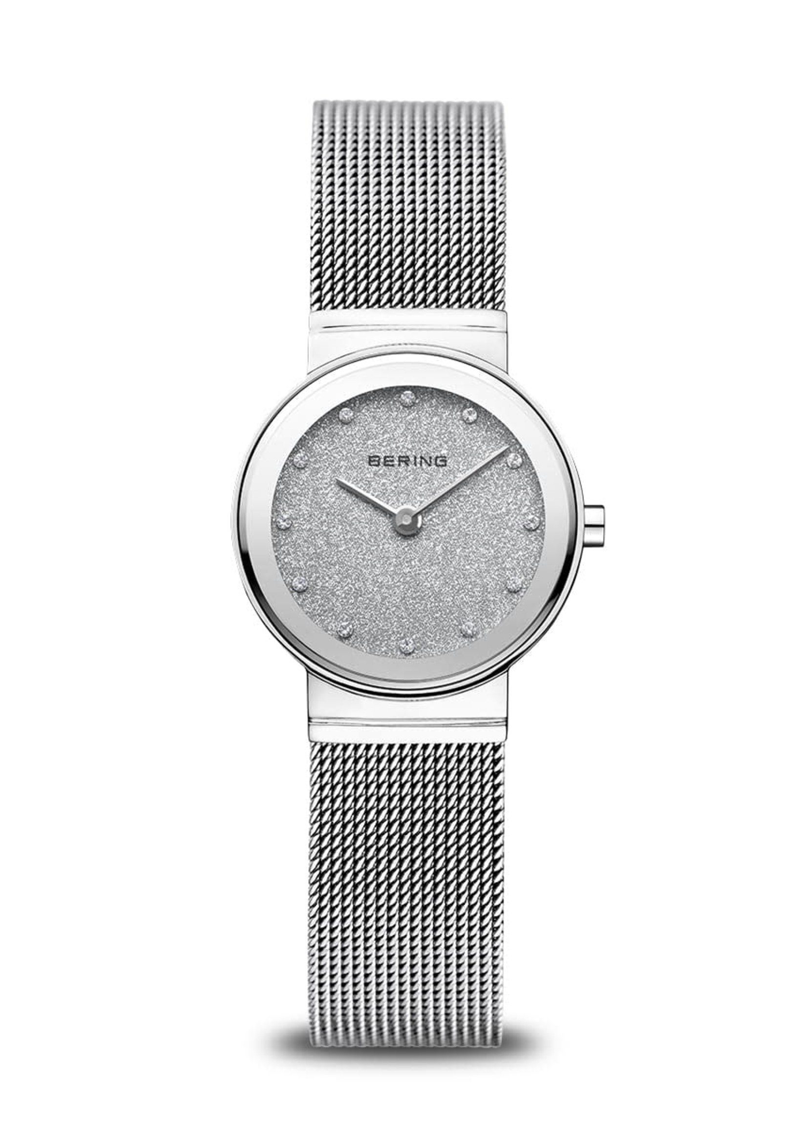 Bering Ladies Slim Silver Band With Glitter Silver Face Watch