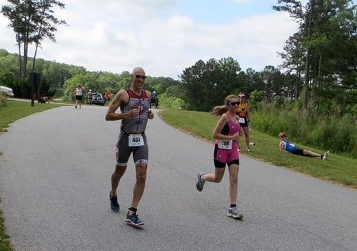 Father daughter finishing the race