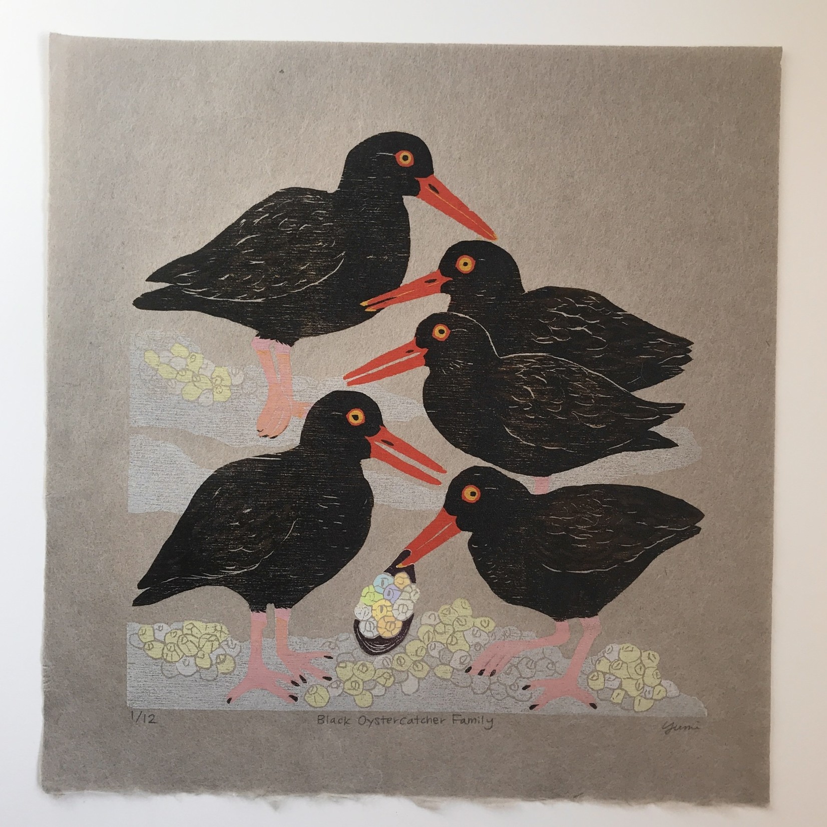 DogwoodStudioAlaska Black Oystercatcher Family (Original Woodblock Print) | Yumi Kawaguchi
