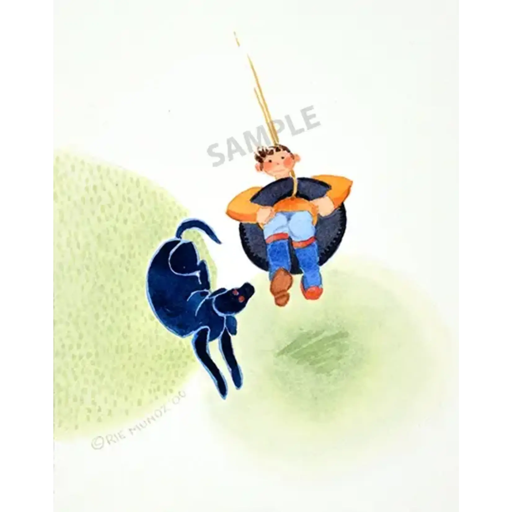 Rie Munoz Boy Swinging with Dog (Framed Original) | Rie Muñoz