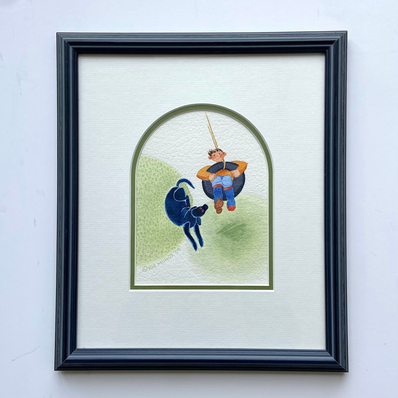 Rie Munoz Boy Swinging with Dog (Framed Original) | Rie Muñoz