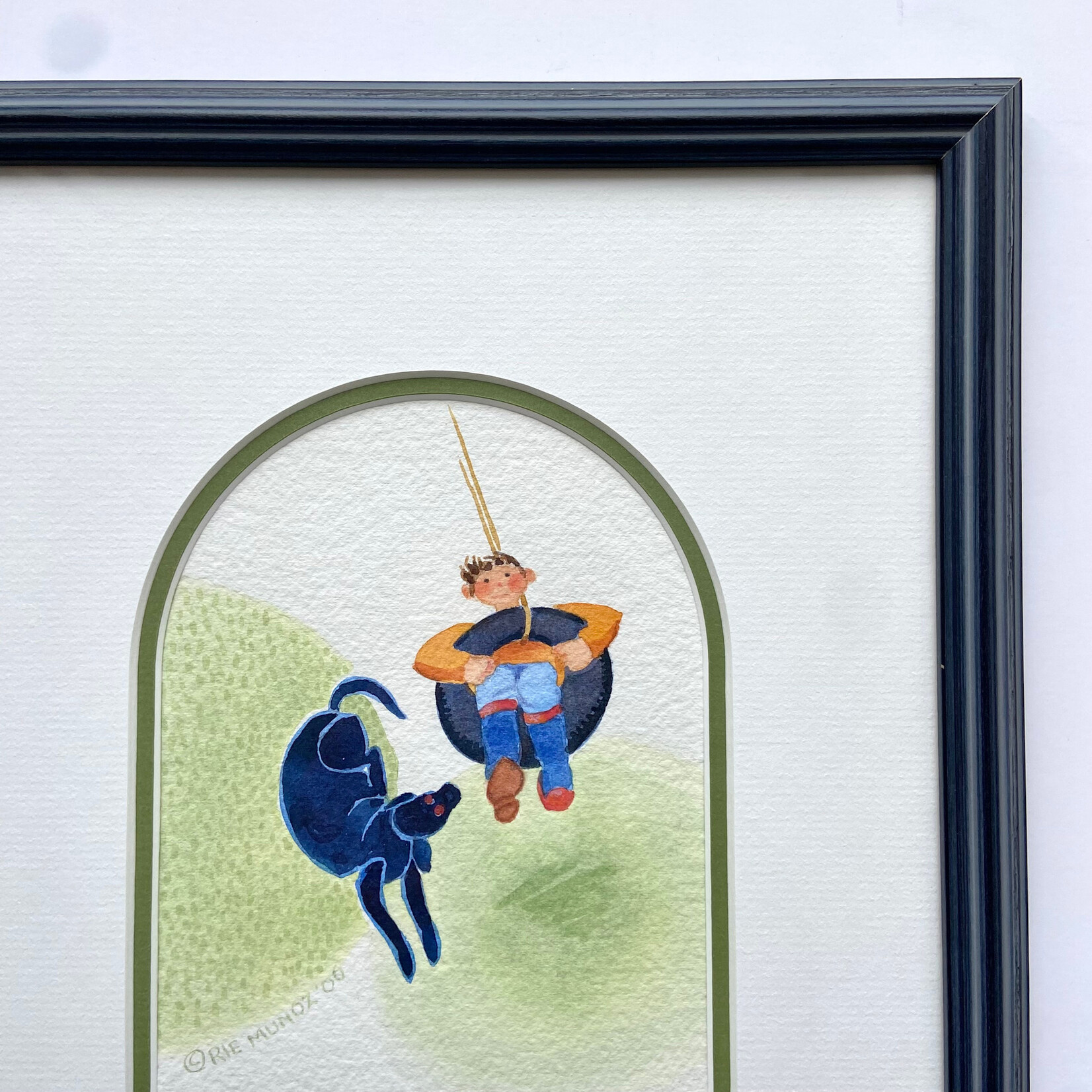 Rie Munoz Boy Swinging with Dog (Framed Original) | Rie Muñoz