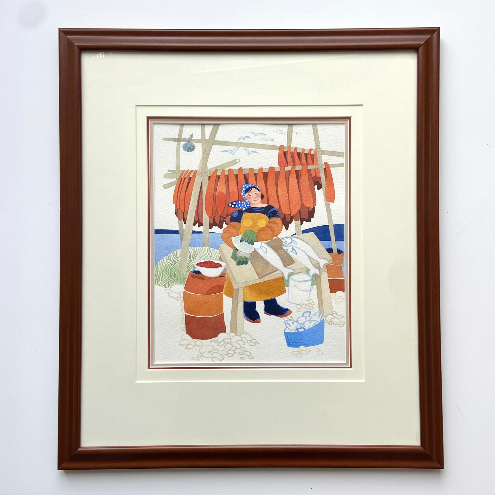 Rie Munoz Sharpening an Ulu (Framed Original) | Rie Muñoz