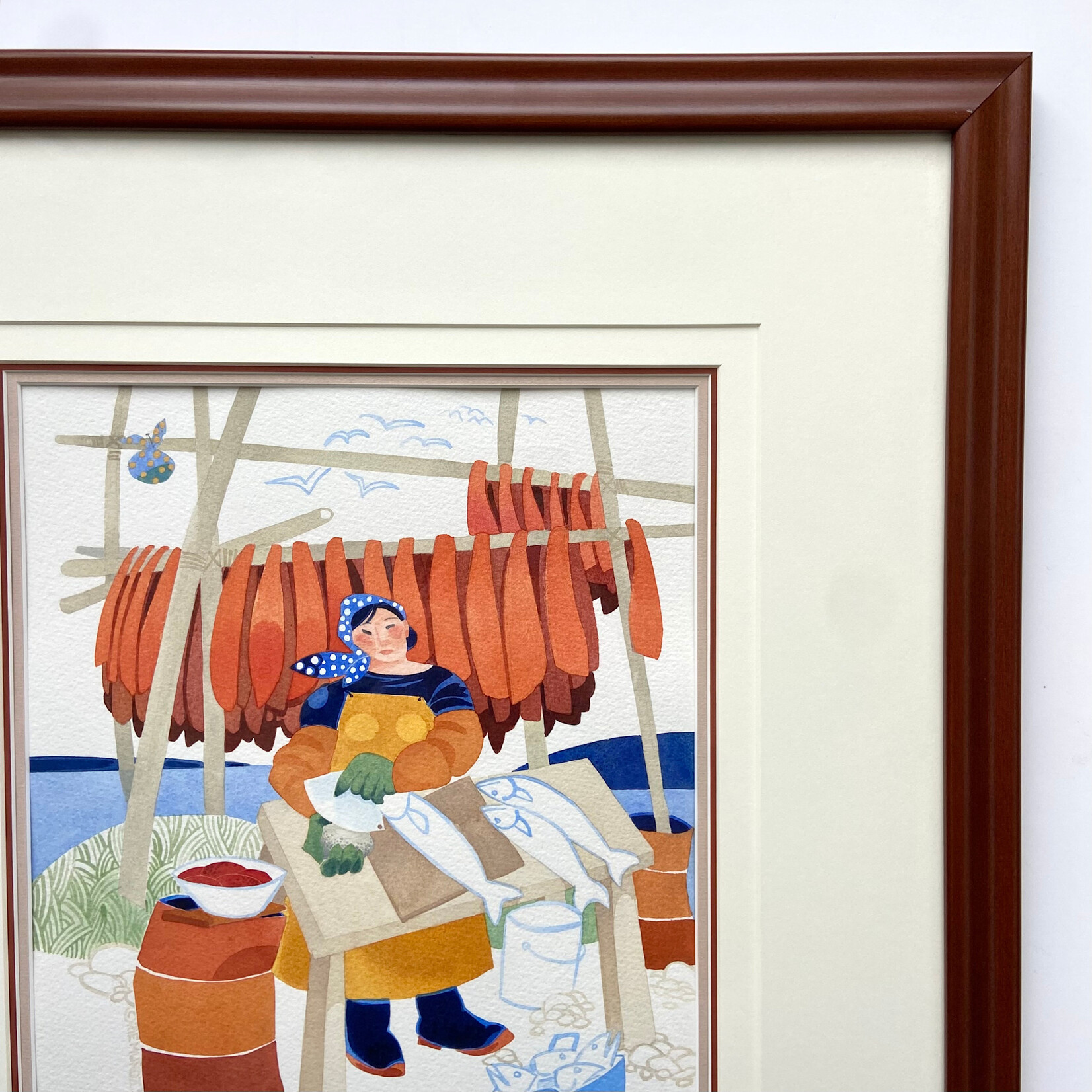 Rie Munoz Sharpening an Ulu (Framed Original) | Rie Muñoz