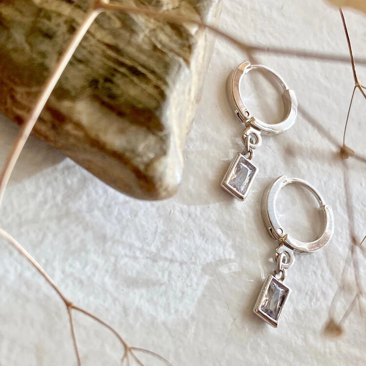 Pika & Bear Pika & Bear Cheshire Baguette Gem Charm Hugger Hoop Earrings | Silver