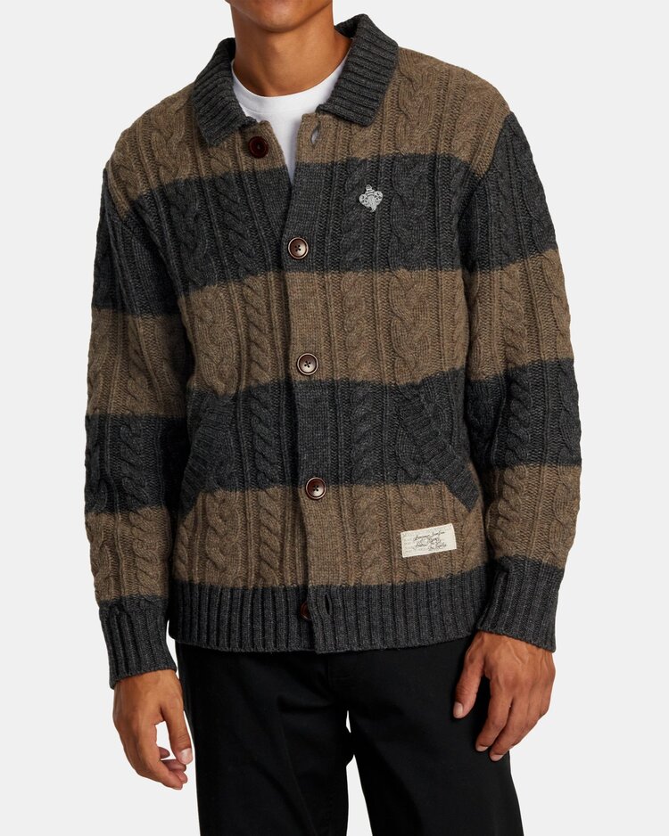 RVCA RVCA Chefs Kiss Cardigan | Camel/Charcoal Heather Stripe