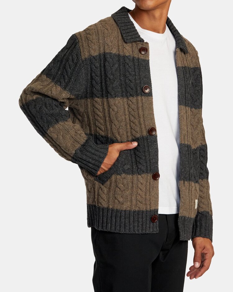 RVCA RVCA Chefs Kiss Cardigan | Camel/Charcoal Heather Stripe