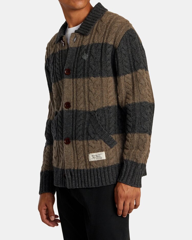 RVCA RVCA Chefs Kiss Cardigan | Camel/Charcoal Heather Stripe
