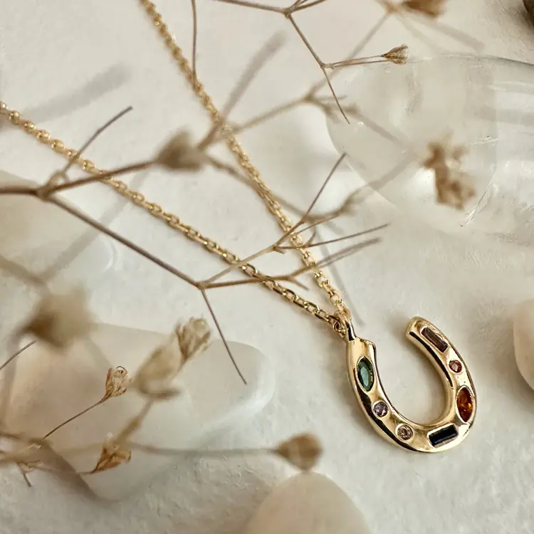 Pika & Bear El Dorado Tiny Gemmed Horseshoe Charm Necklace Gold