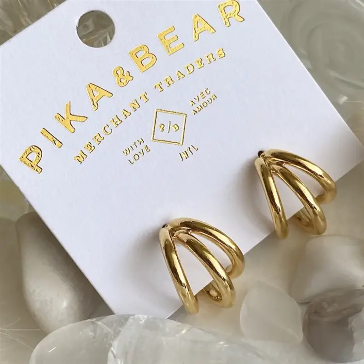 Pika & Bear Takon Triple Ring Stud Hoop Earrings Gold