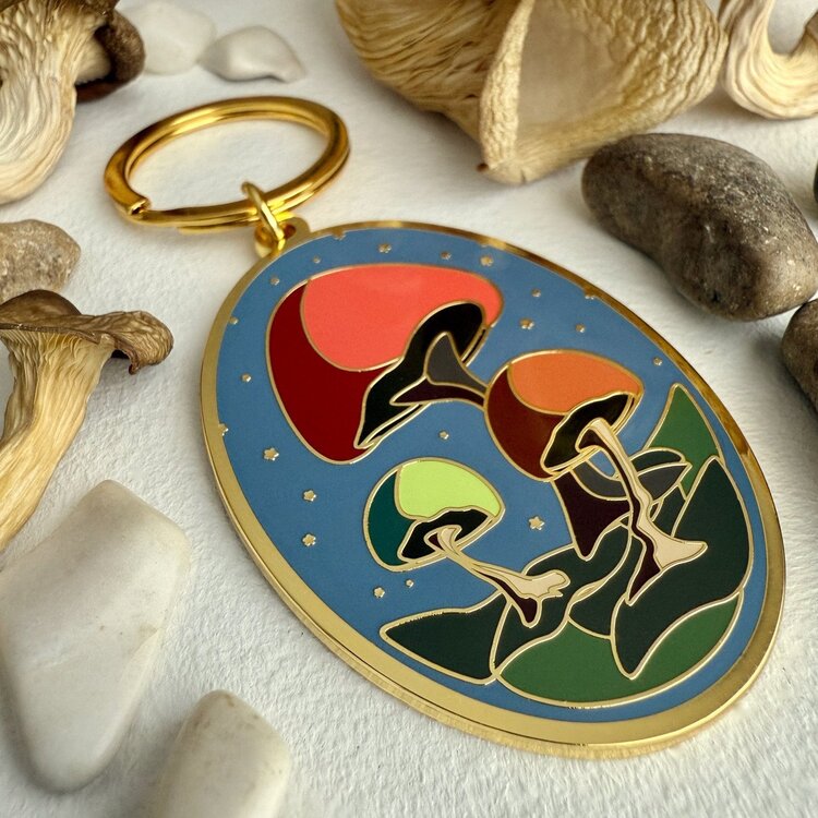 Pika & Bear Cubensis Mushroom Enamel Keychain