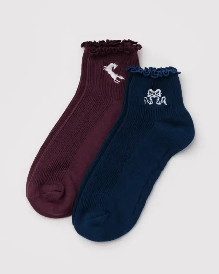 Baggu Baggu Lettuce Edge Sock Set of 2 | Mahogany & Navy Icons