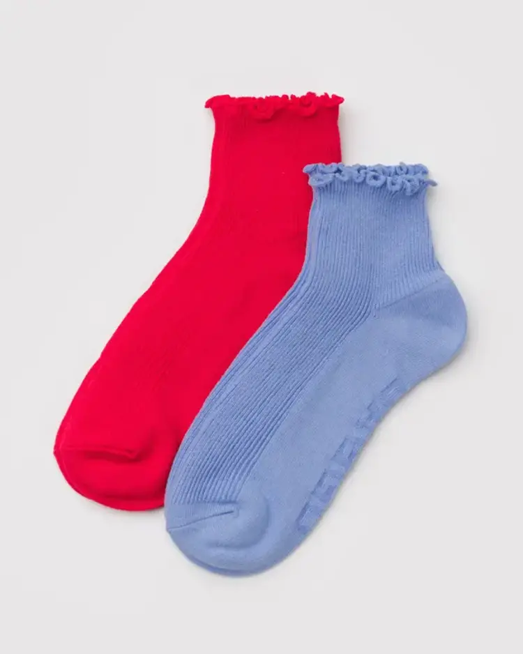 Baggu Baggu Lettuce Edge Sock Set of 2 | Light Blue & Red