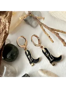 Pika & Bear Pika & Bear Boot Scootin Cowboy Boot Charm Hugger Hoop Earrings | Gold/Black