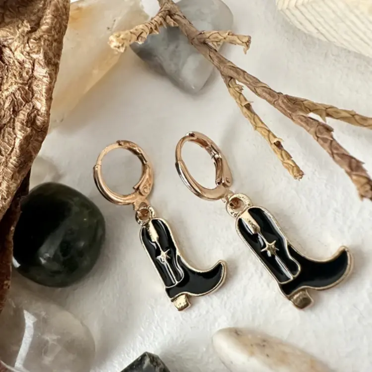 Pika & Bear Pika & Bear Boot Scootin Cowboy Boot Charm Hugger Hoop Earrings | Gold/Black