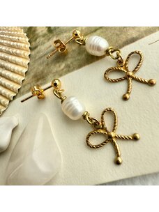 Pika & Bear Pika & Bear Fontange Raw Brass Bow And Pearl Drop Earrings