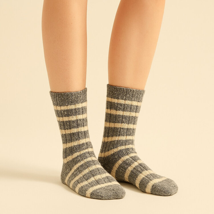 Pika & Bear Pika & Bear Marina Striped Ribbed Crew Sock | Fossil