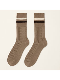 Pika & Bear Duval Cable Knit Crew Sock With Stripe Detail | Latte