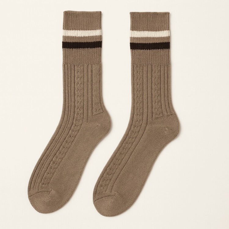 Pika & Bear Duval Cable Knit Crew Sock With Stripe Detail | Latte