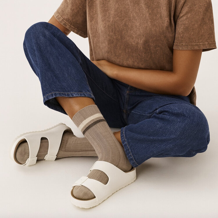 Pika & Bear Duval Cable Knit Crew Sock With Stripe Detail | Latte