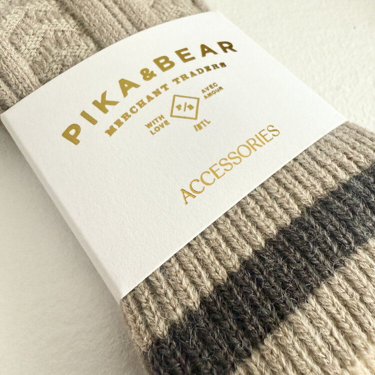 Pika & Bear Duval Cable Knit Crew Sock With Stripe Detail | Latte