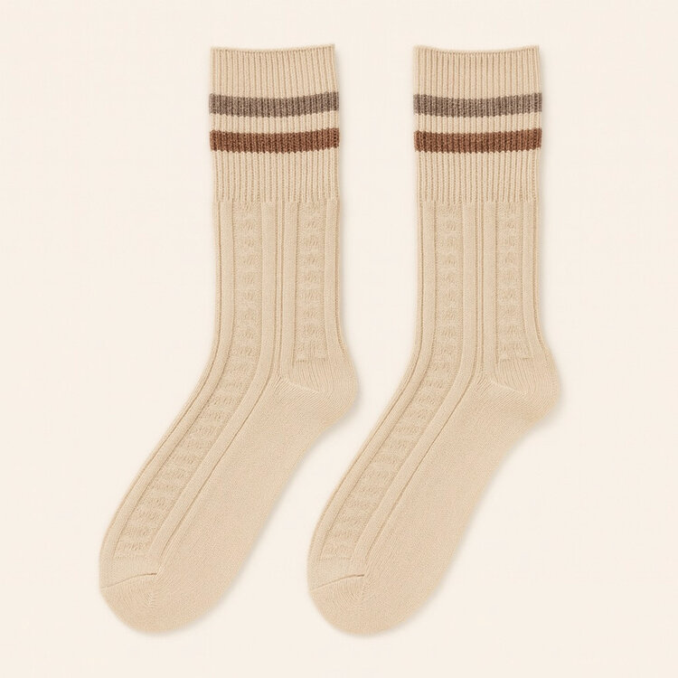 Pika & Bear Duval Cable Knit Crew Sock With Stripe Detail | Cream