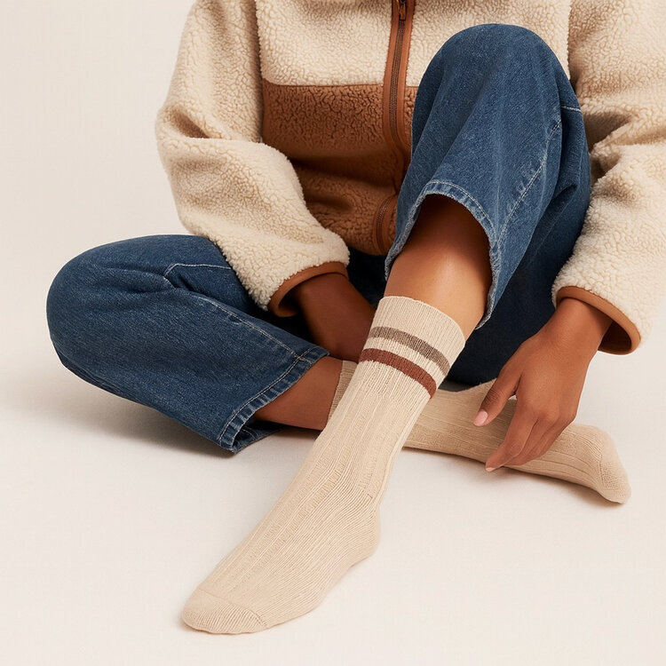Pika & Bear Duval Cable Knit Crew Sock With Stripe Detail | Cream