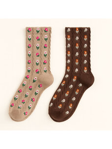 Pika & Bear Pika & Bear Chloe Floral Applique And Pointelle Crew Socks | Espresso & Latte (2 Pack)
