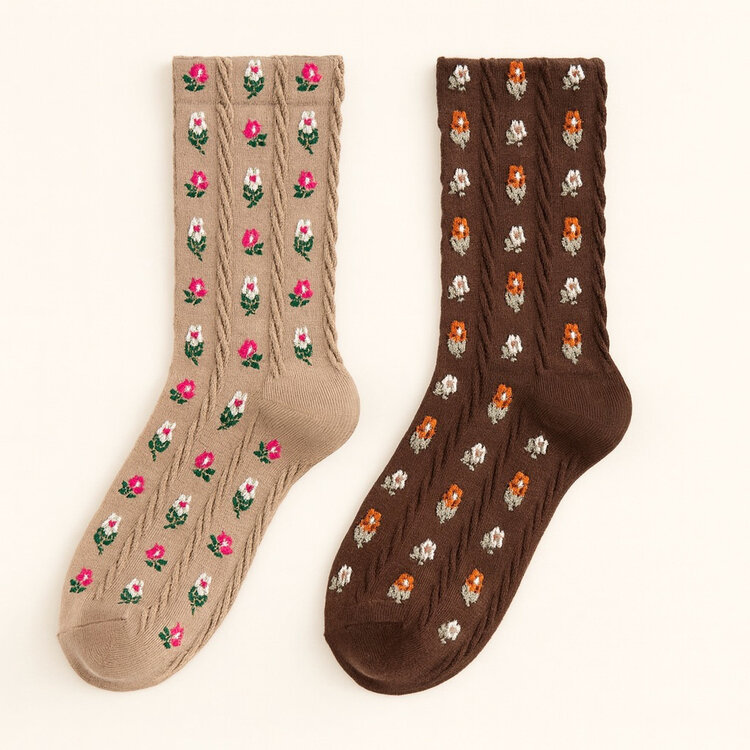 Pika & Bear Pika & Bear Chloe Floral Applique And Pointelle Crew Socks | Espresso & Latte (2 Pack)